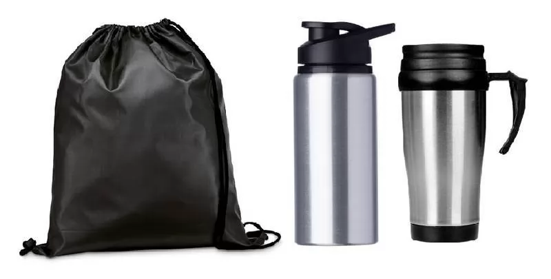 Kit Mochila Sacola + Squeeze + Caneca